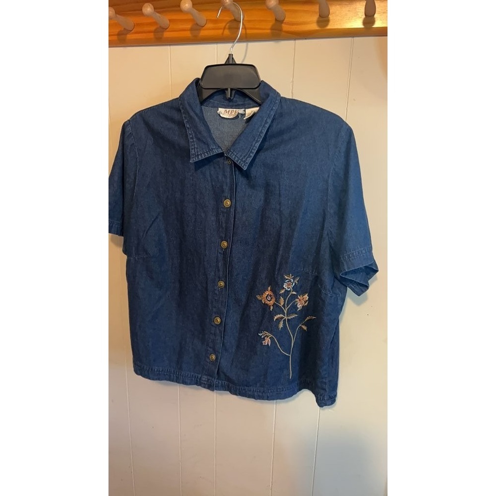 MPH Collection Denim Embroidered Short Sleeve Shirt